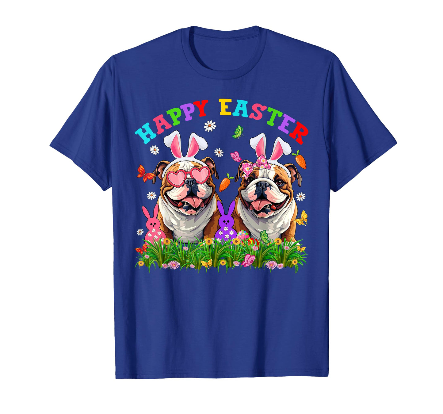 Cute English Bulldog Dog & Bunny Ears Eggs Happy Easter Day T-Shirt for Men Women Girls Kids