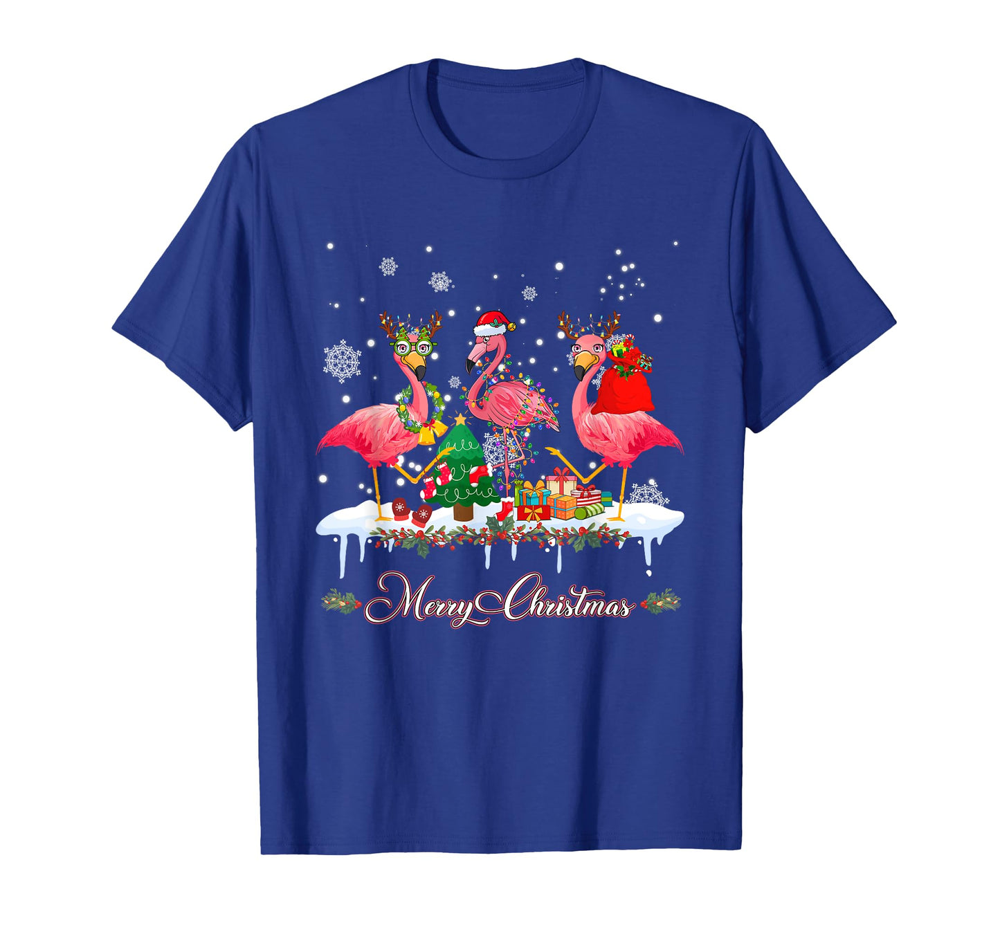 Merry Christmas Hat Santa Flamingo Light Christmas Snow T-Shirt