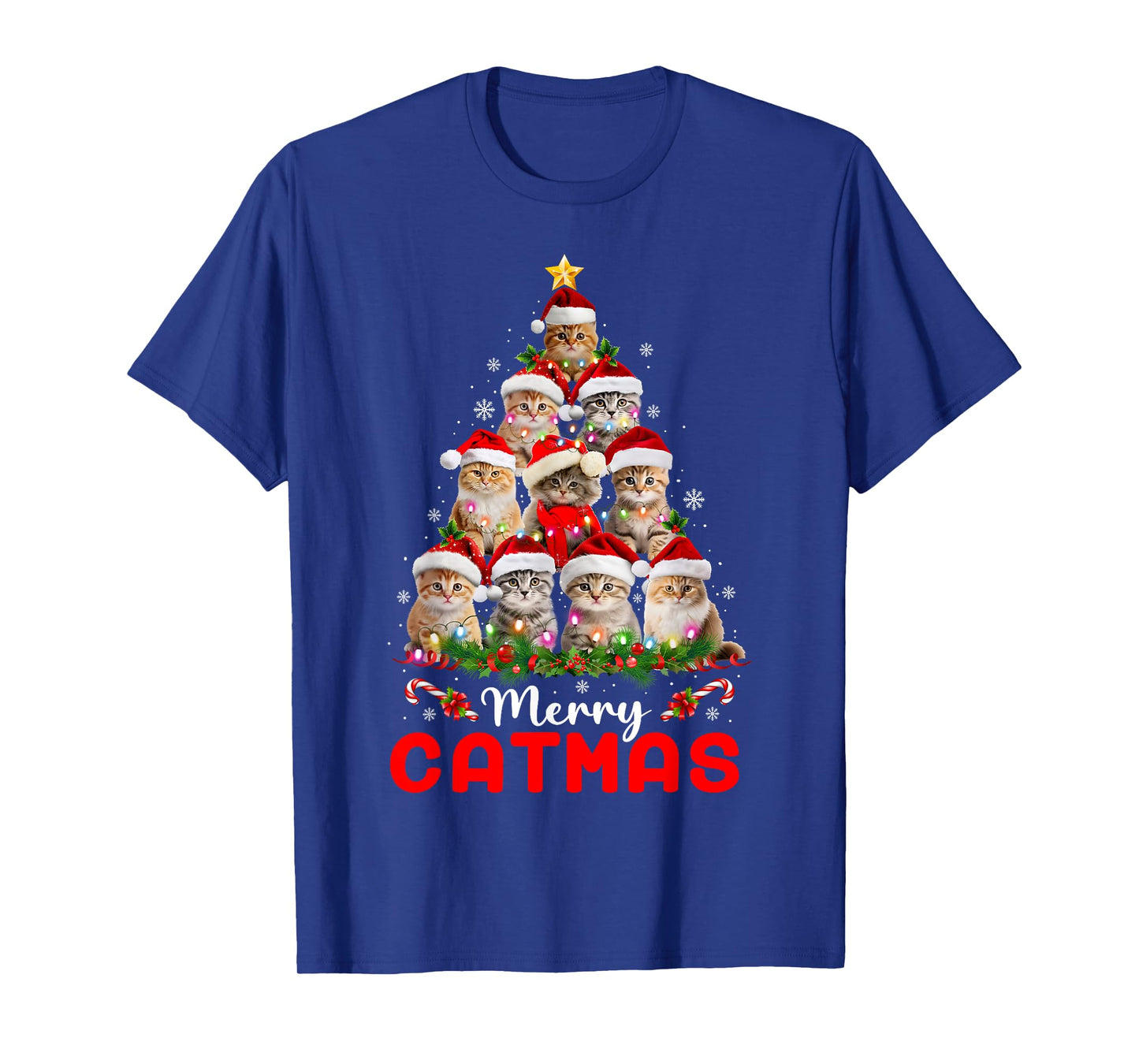 Meowy Catmas Cat Christmas Tree Lights Funny Xmas Pajamas T-Shirt