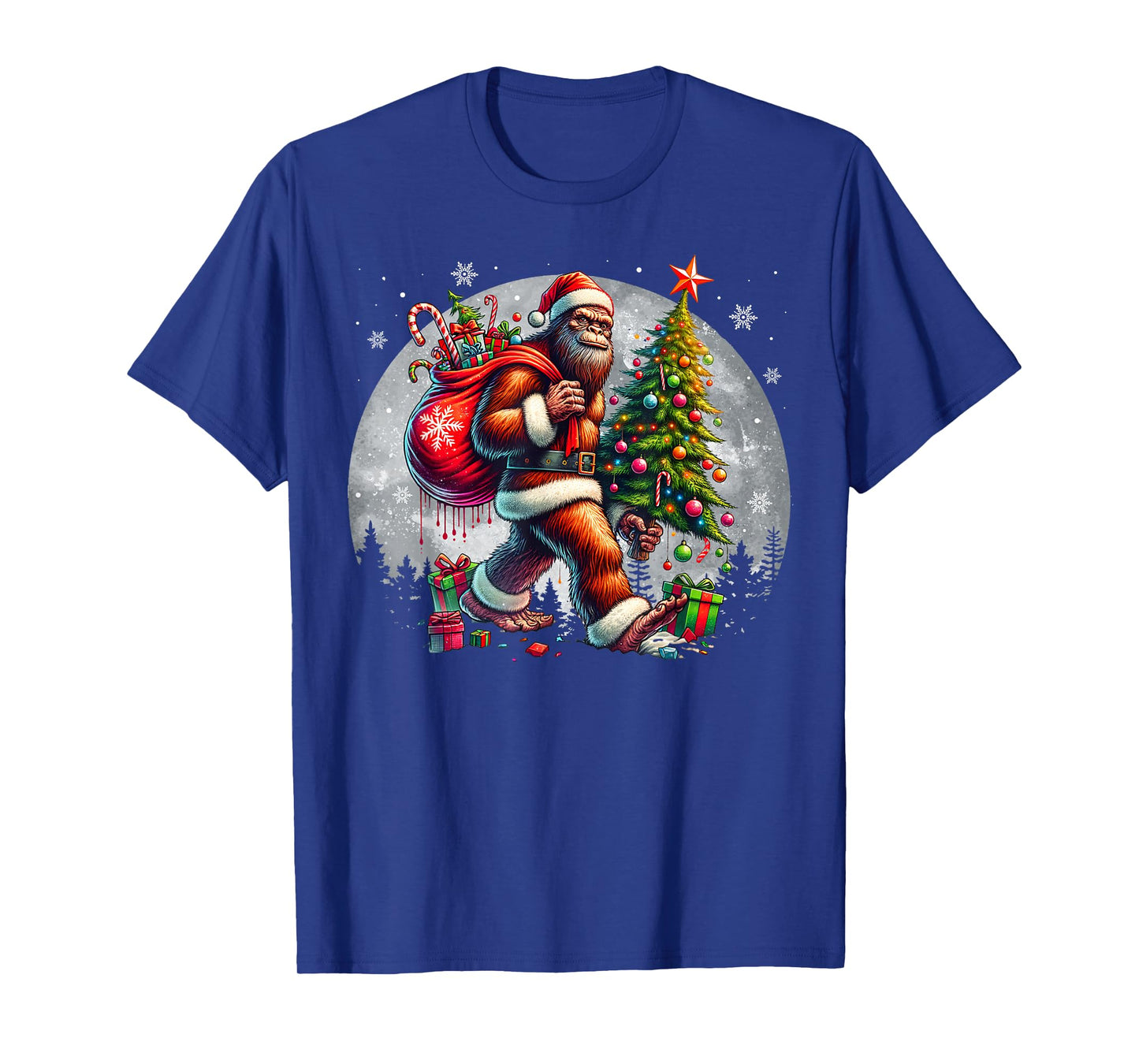 Santa Bigfoot Christmas Tree Xmas Lights Funny Sasquatch T-Shirt