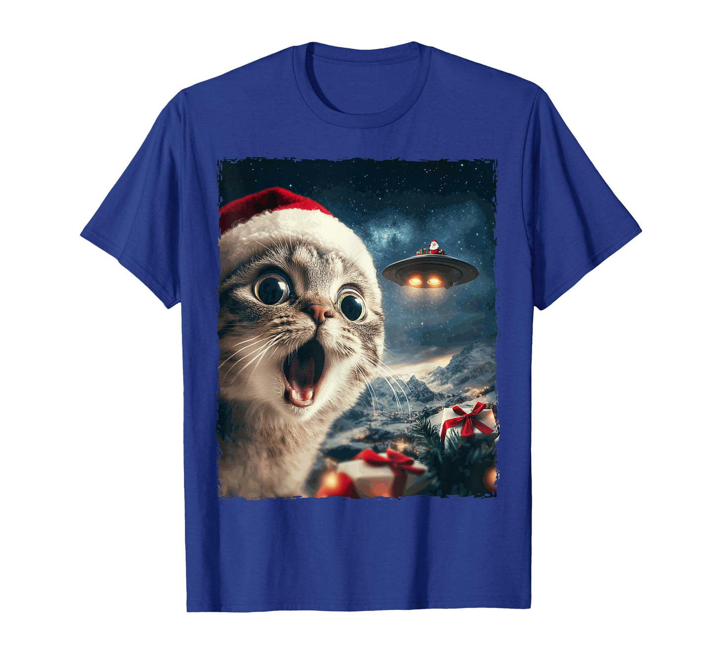 Funny Cat Selfie Santa Ufo Xmas Christmas Men Women Kids T-Shirt