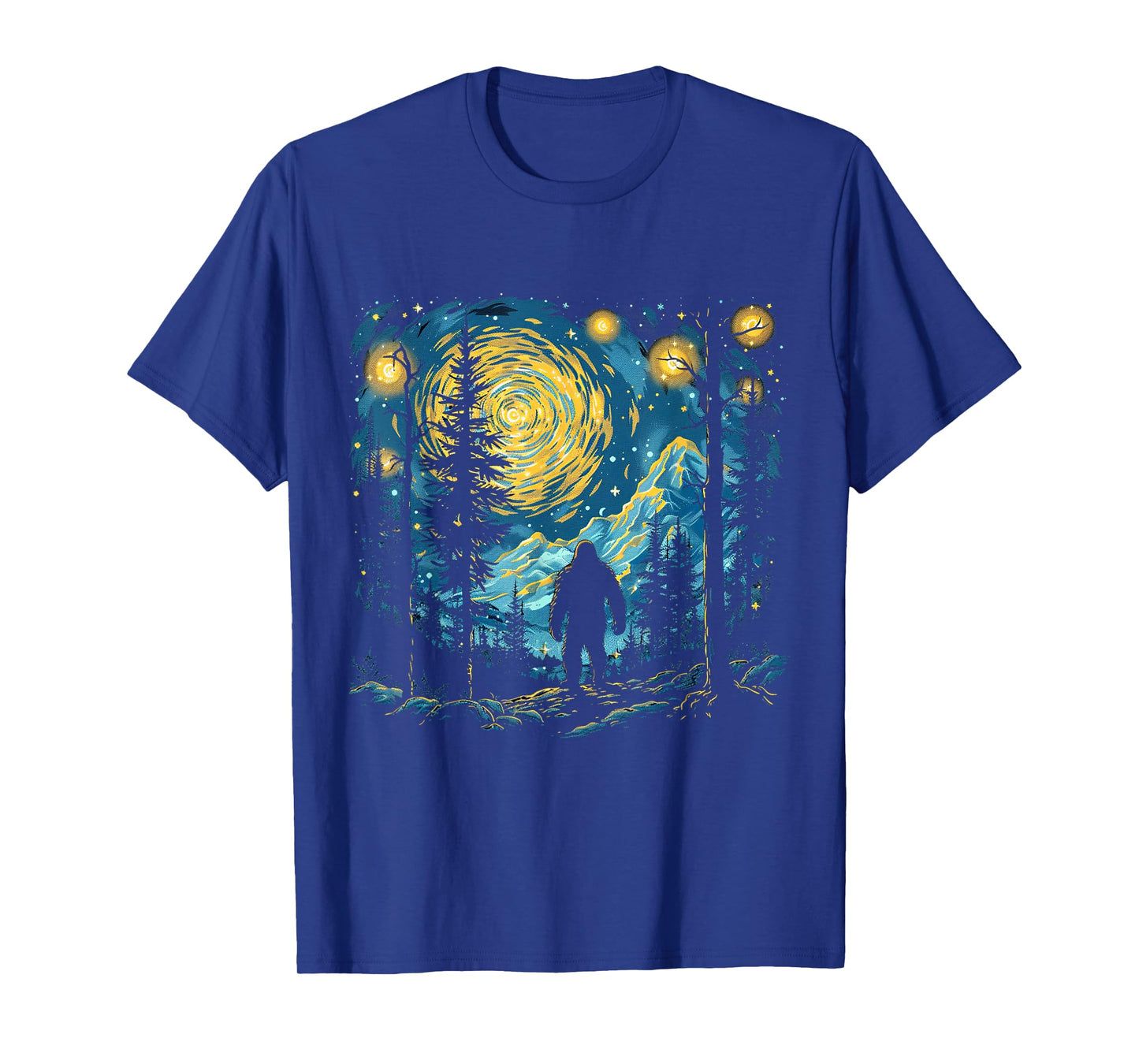 Funny Bigfoot Starry Night Sasquatch Van Gogh Sky Painting T-Shirt