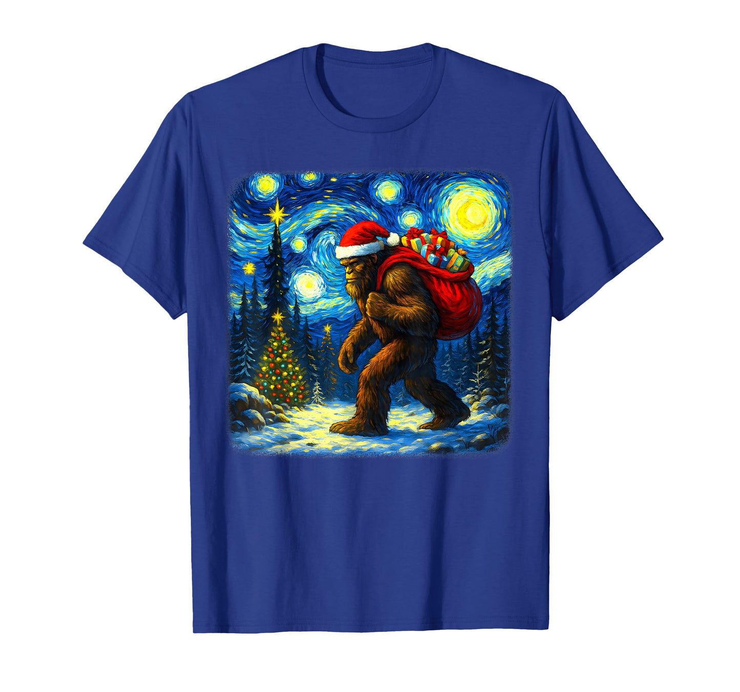 Bigfoot Santa Christmas Starry Night Sasquatch Van Gogh Art T-Shirt