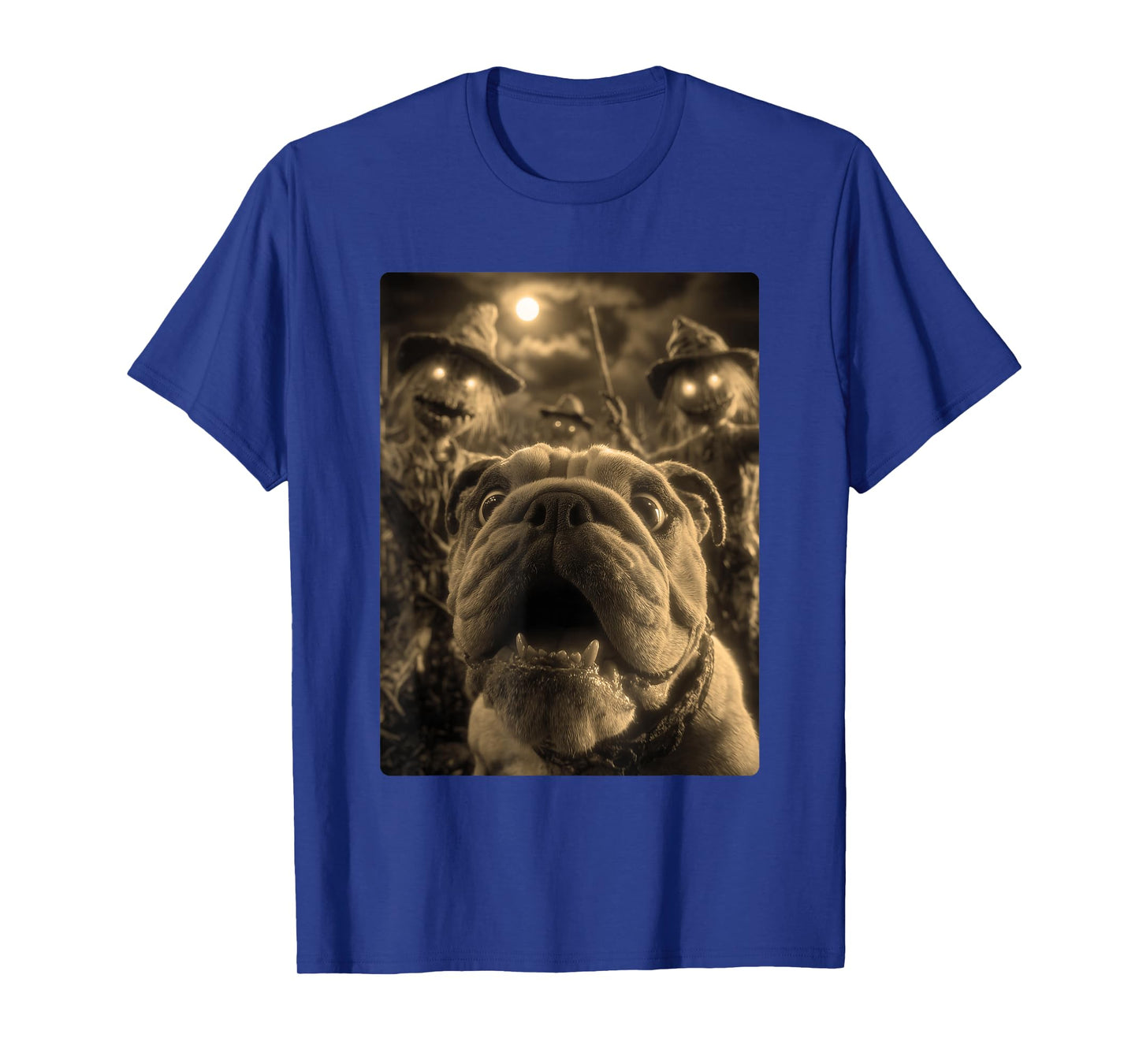 Vintage Bulldog Selfie with Spooky Scarecrows Halloween Dog T-Shirt