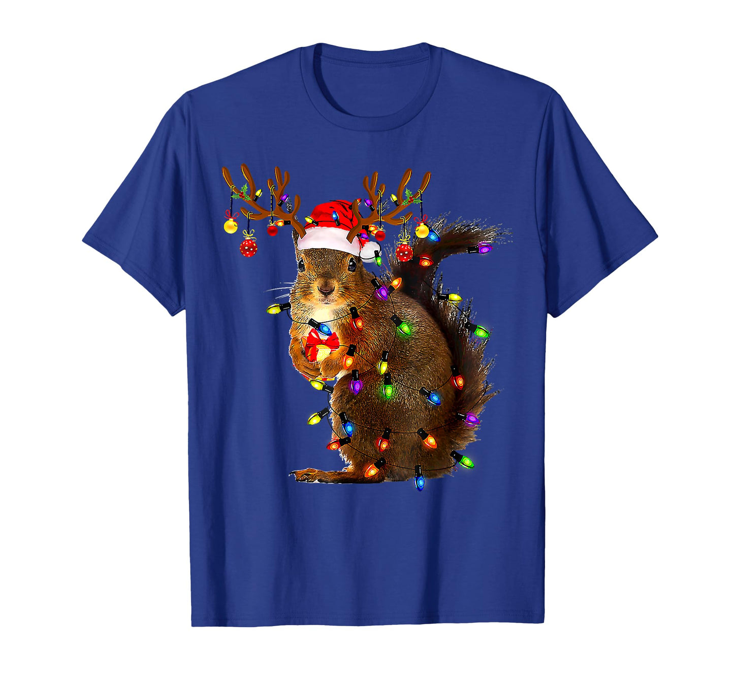 Funny Squirrel Christmas Tree Lights Reindeer Santa Hat Xmas T-Shirt