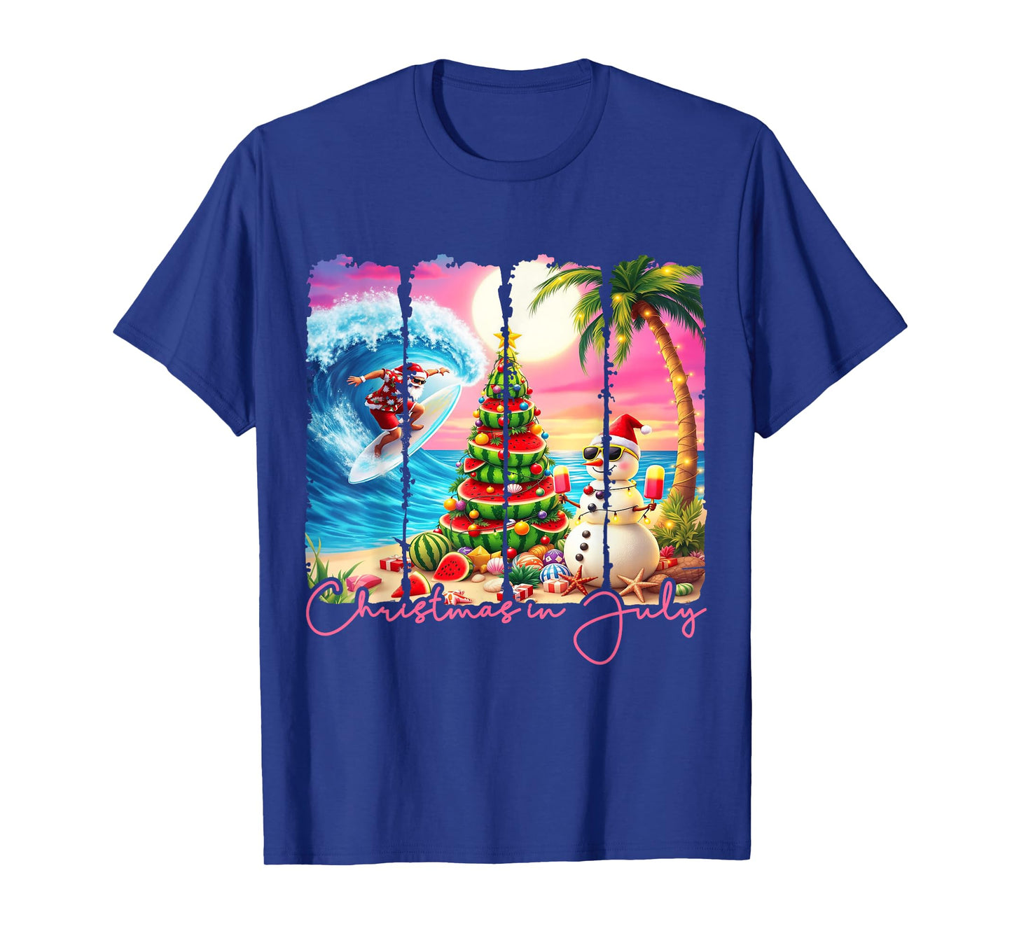 Summer Vibes Xmas in July Santa Surfing Beach Trip Tropical T-Shirt