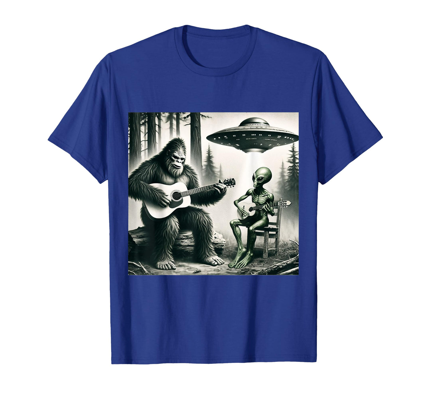 Funny Bigfoot And Alien Playing Electric Guitar. Bigfoot UFO T-Shirt