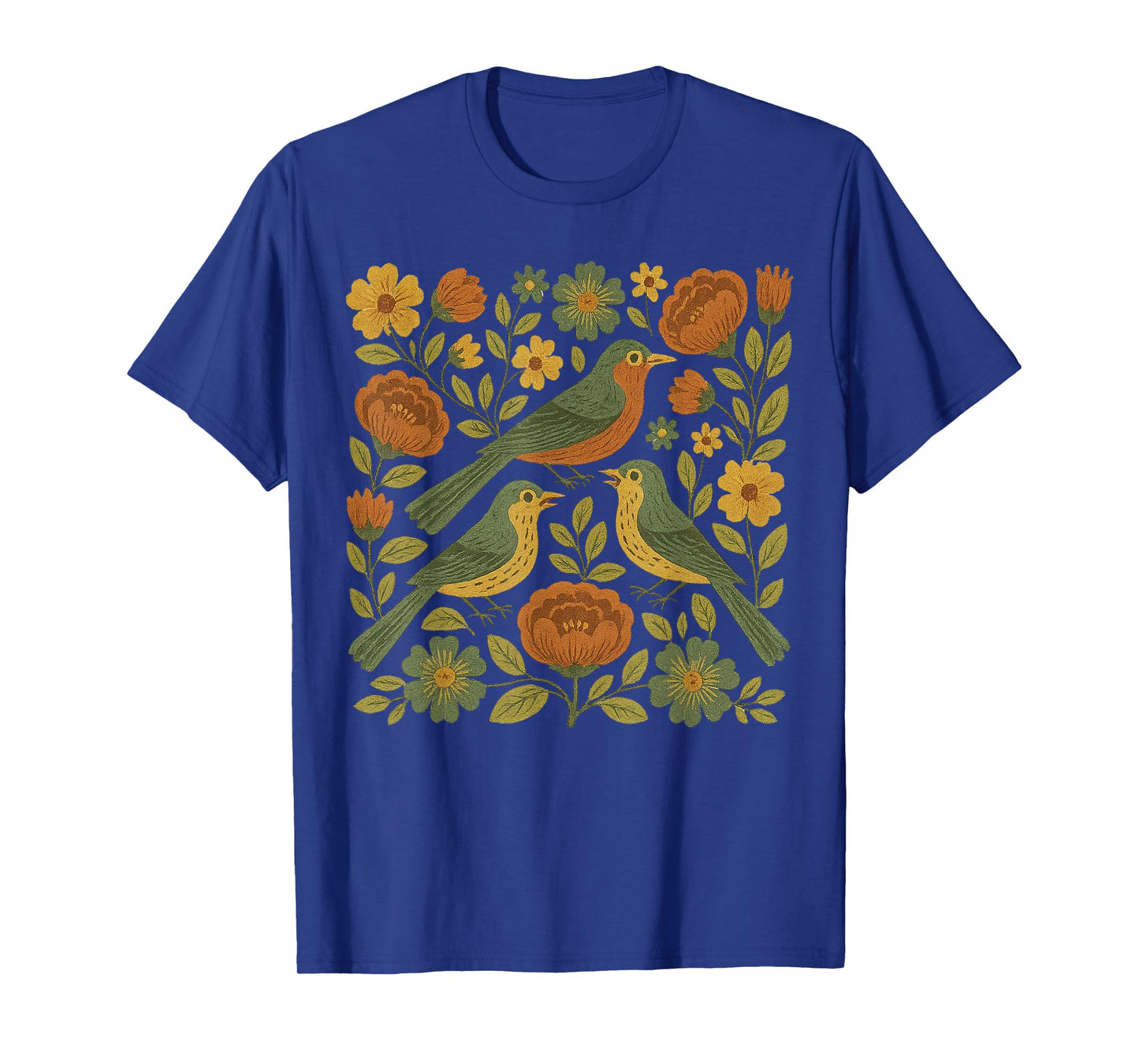 Folk Style Folk Art Bird Boho Wildflowers Botanical Bird Tee T-Shirt