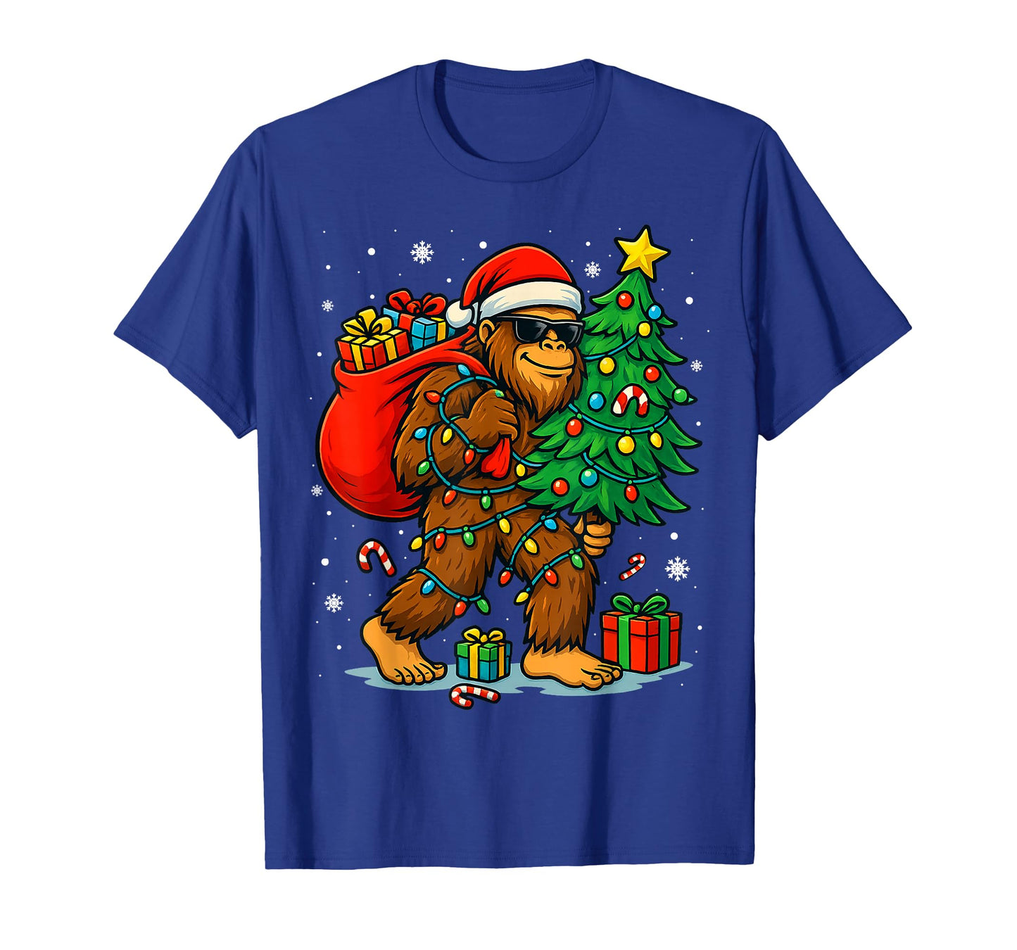 Santa Bigfoot Christmas Tree Lights Xmas Boys Men Sasquatch T-Shirt