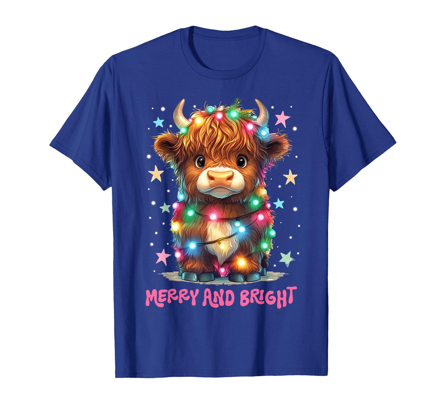 Merry And Bright Cute Highland Cow Christmas Xmas Lights T-Shirt