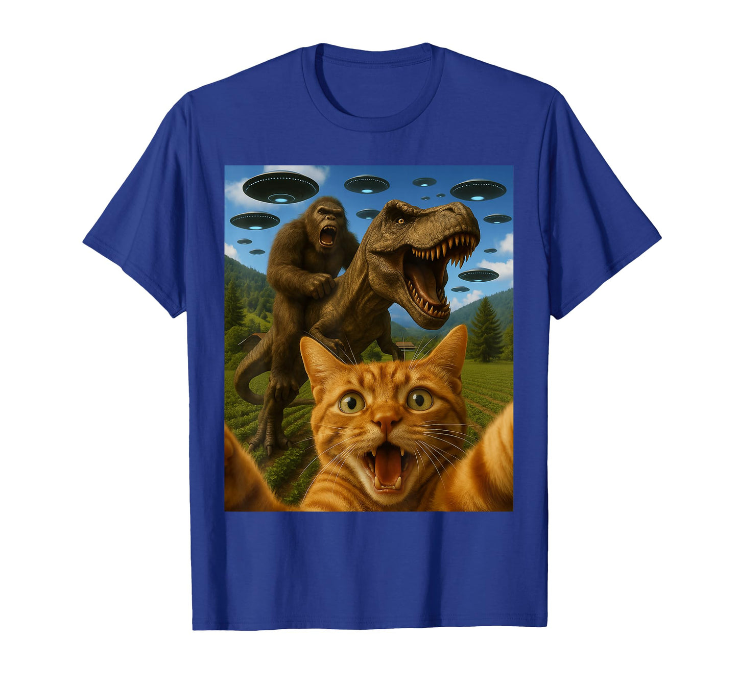 Funny Graphic Cat Selfie With Bigfoot Riding T-rex Dinosaur T-Shirt