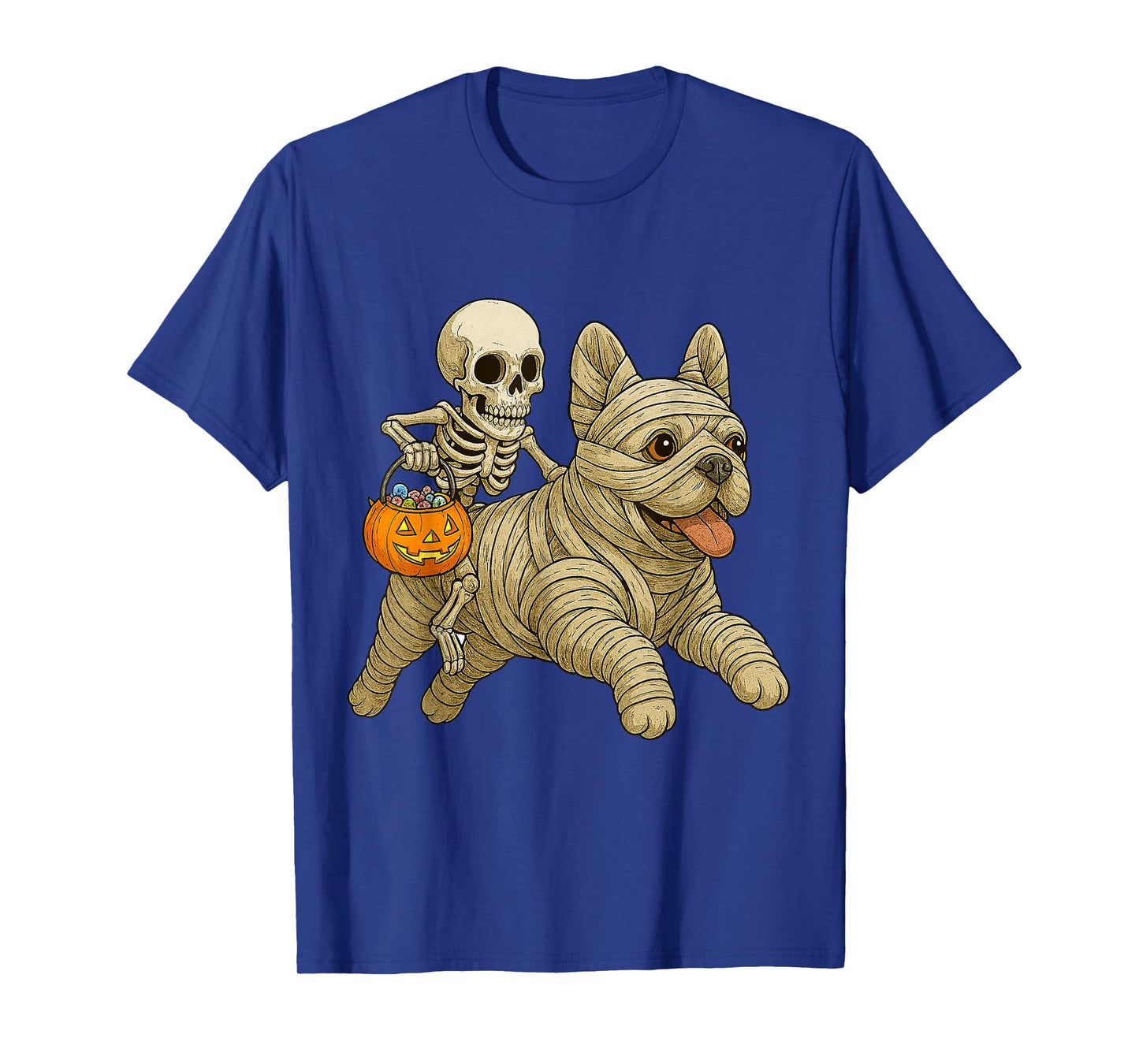 Skeleton Riding Mummy French Bulldog Dog Halloween Funny T-Shirt