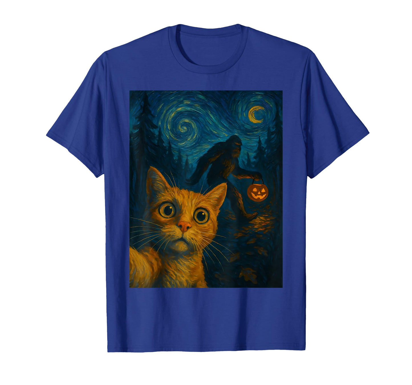 Cat Selfie Bigfoot Halloween Sasquatch Van Gogh Starry Night T-Shirt