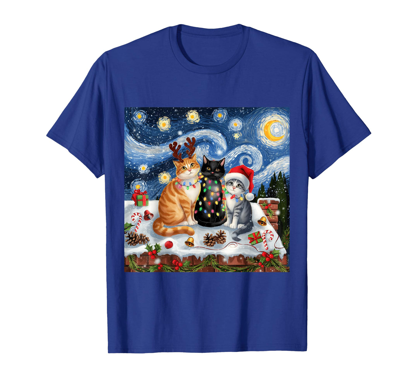 Christmas Van Gogh Starry Night Black Cat Santa Funny Xmas T-Shirt