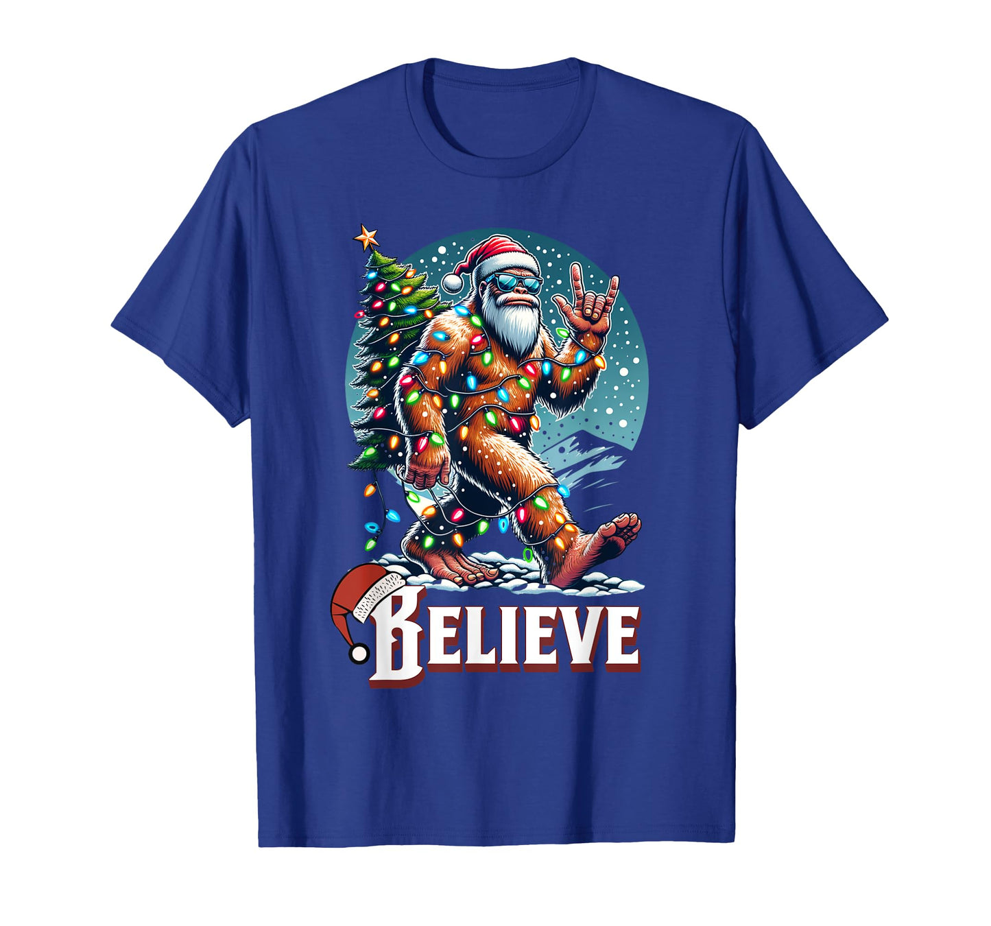 Santa Bigfoot Christmas Lights Funny Sasquatch Believe Xmas T-Shirt