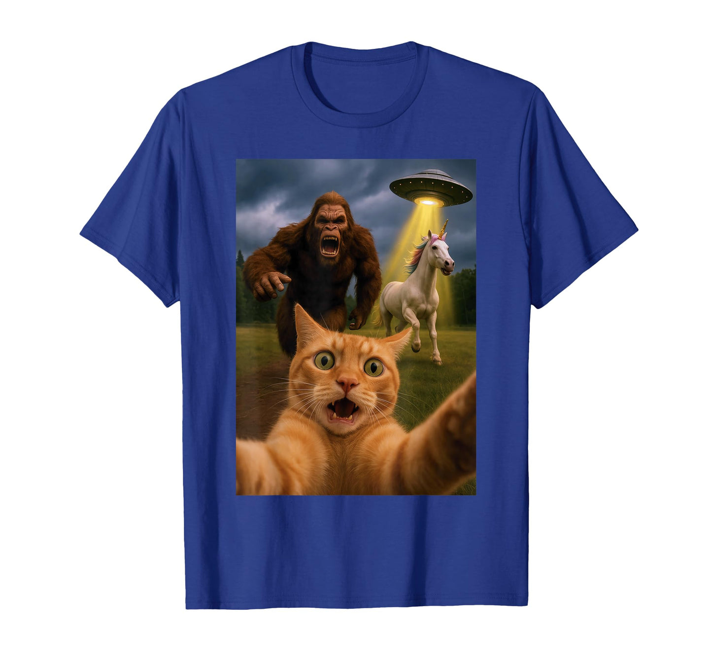 Funny Graphic Tee Cat Selfie with Bigfoot Unicorn UFO T-Shirt