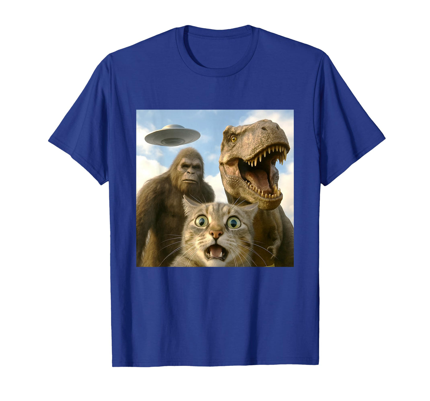 Funny Cat Selfie with Bigfoot Dinosaur UFO for Men Women T-Shirt