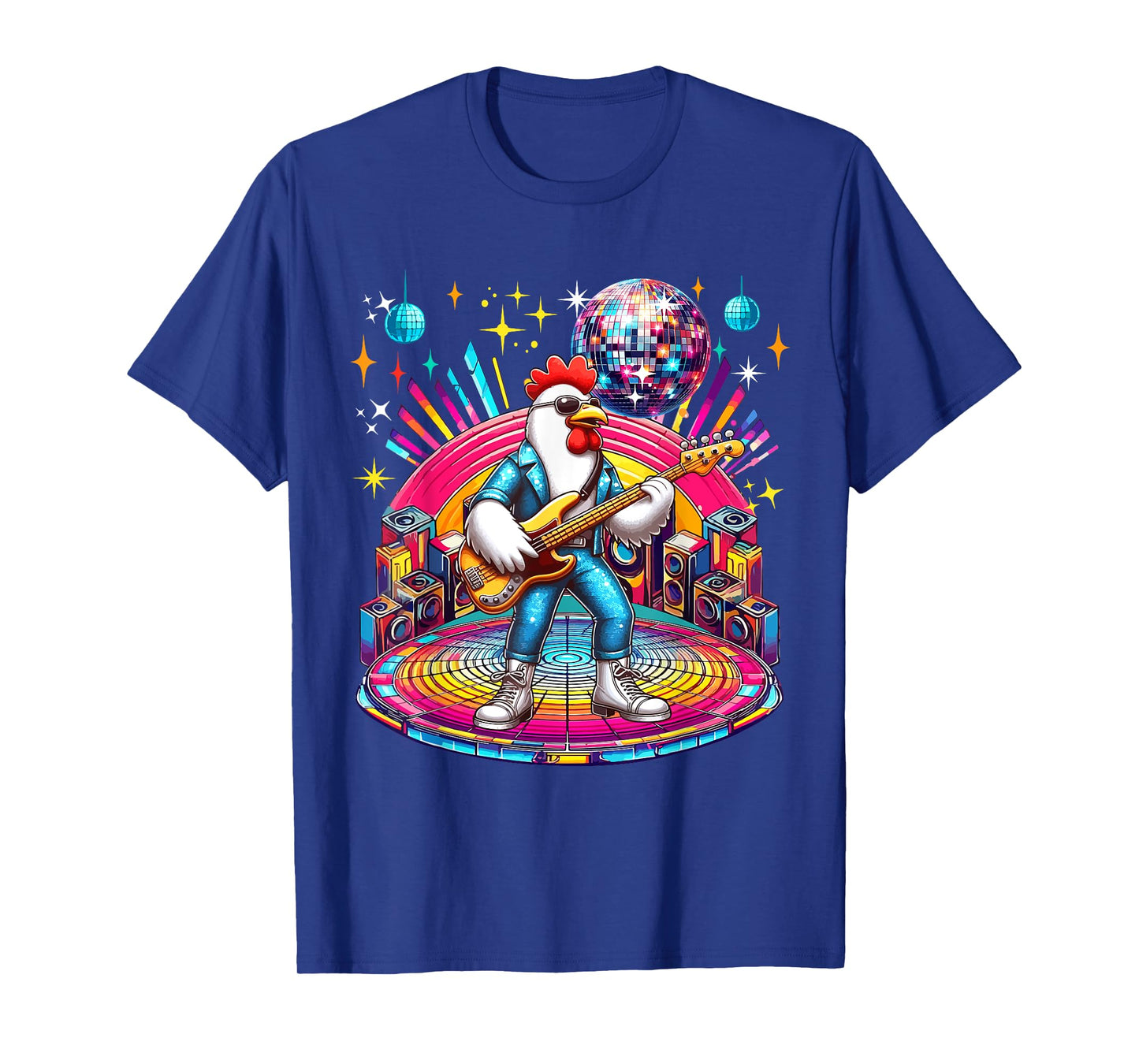 Chicken Sunglasses Playing Guitar Colorful Costume Disco T-Shirt