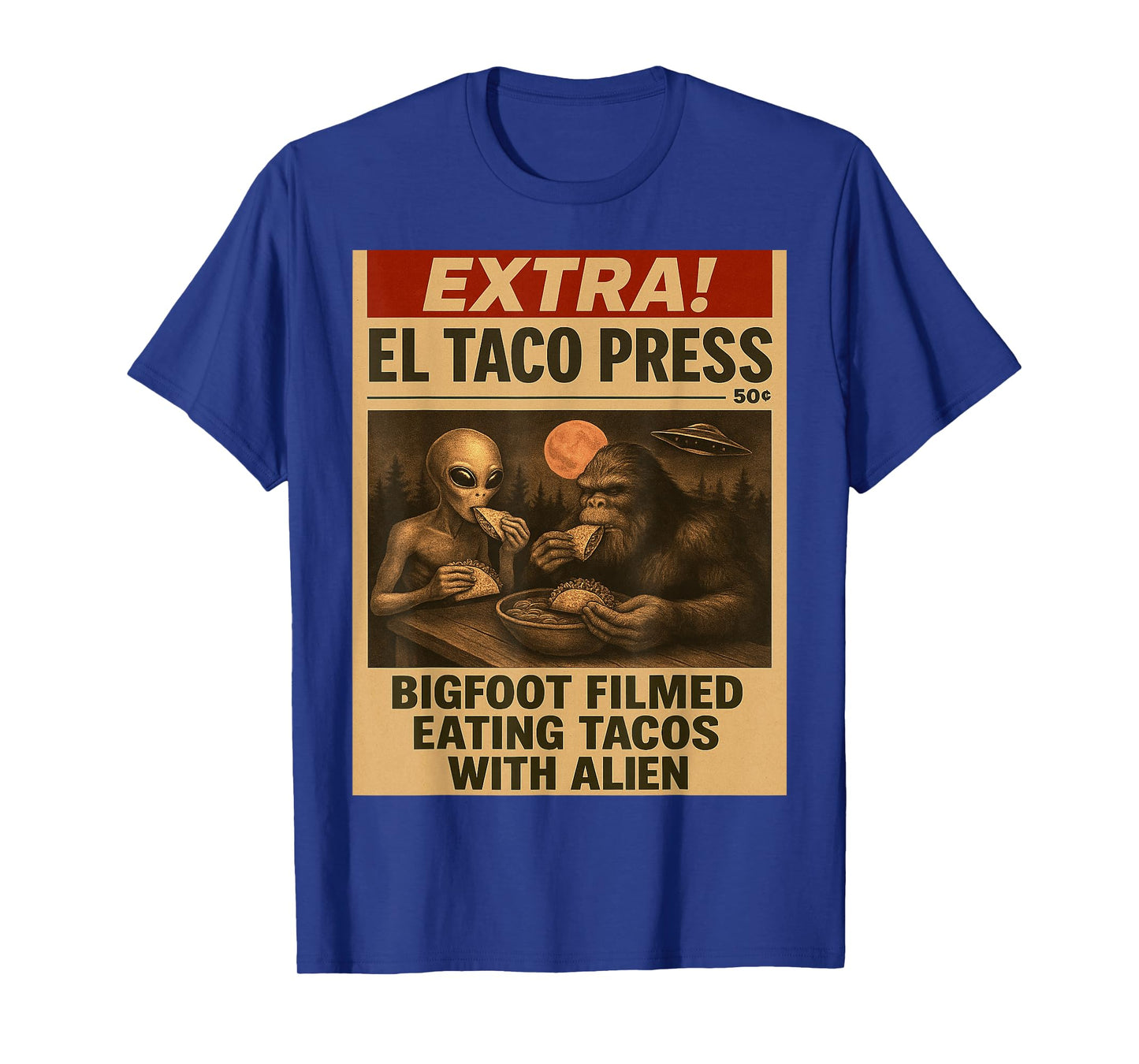 Bigfoot and Alien Eating Tacos Funny Vintage Newspaper UFO T-Shirt