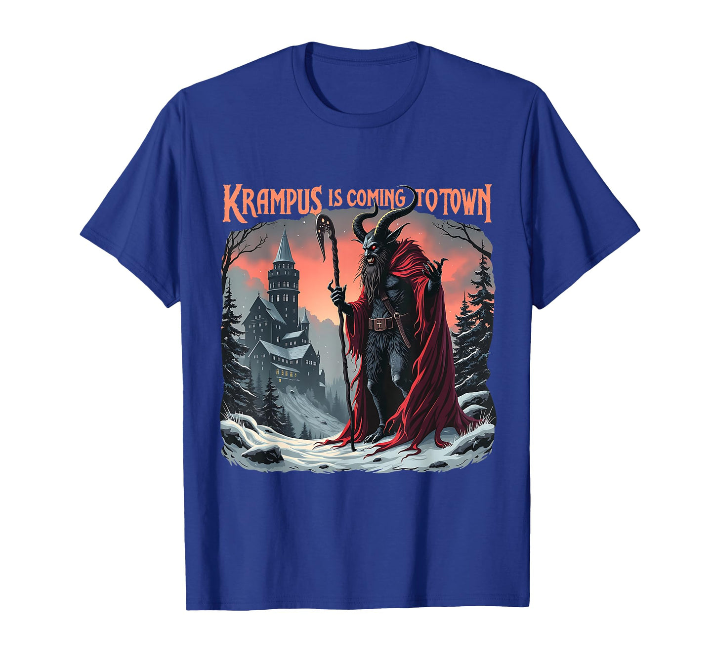 Merry Christmas Krampus Is Coming To Town Unisex-Adult Horror Graphic T-Shirt - Black, Short Sleeve, Crew Neck, Small