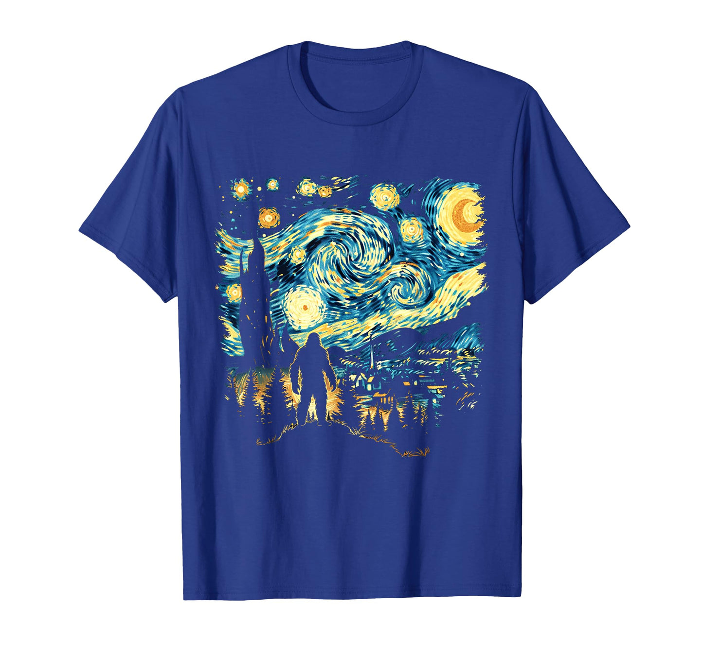 Funny Bigfoot Starry Night Sasquatch Van Gogh Sky Painting T-Shirt