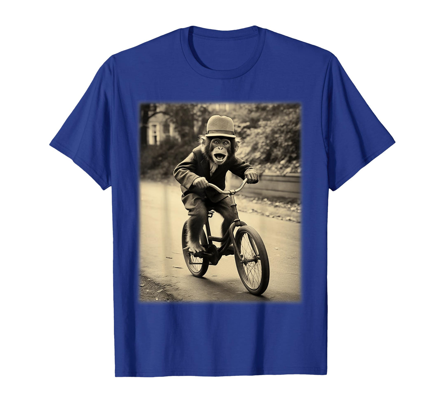Funny Cute Monkey Chimp Riding Vintage Bicycle Men Woman T-Shirt