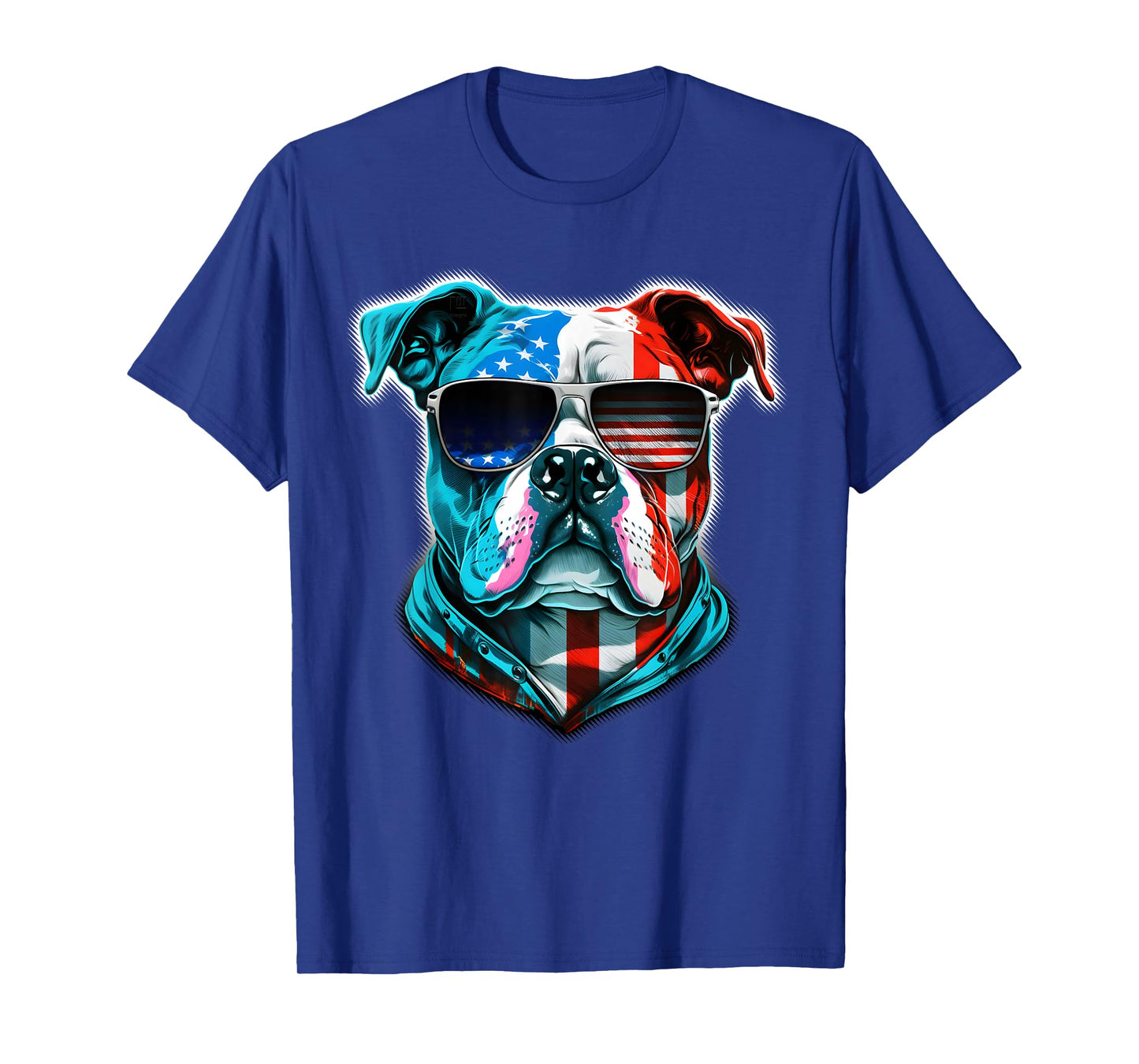 Bulldog Dog Red White Blue American Flag Sunglasses T-Shirt for Women Kids Men
