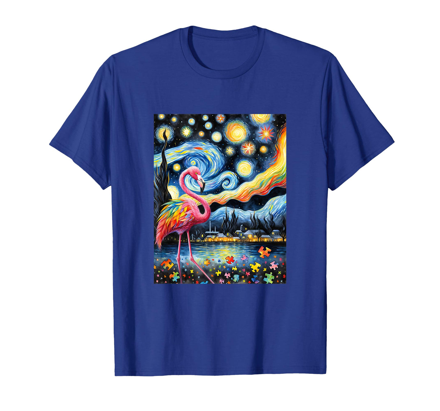 Flamingo Autism Awareness Starry Night Van Gogh T-Shirt
