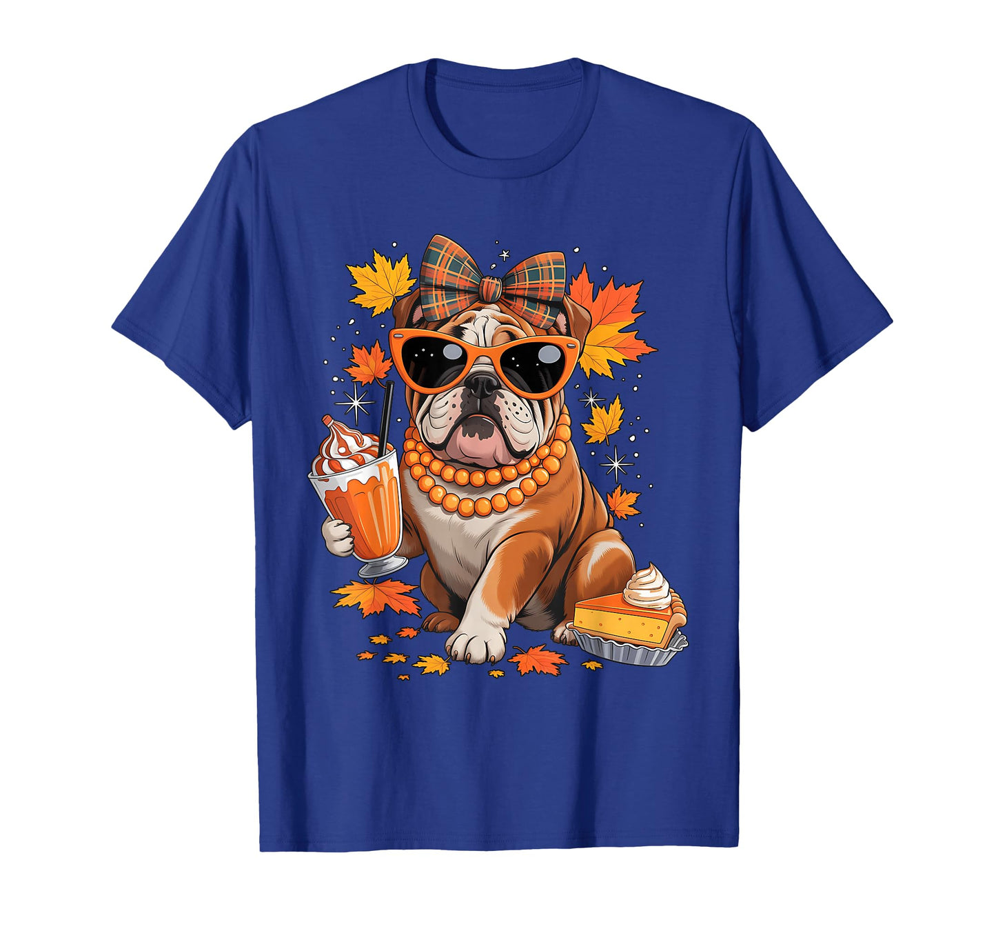 English Bulldog Bow Girls Fall Autumn Leaves Thanksgiving T-Shirt