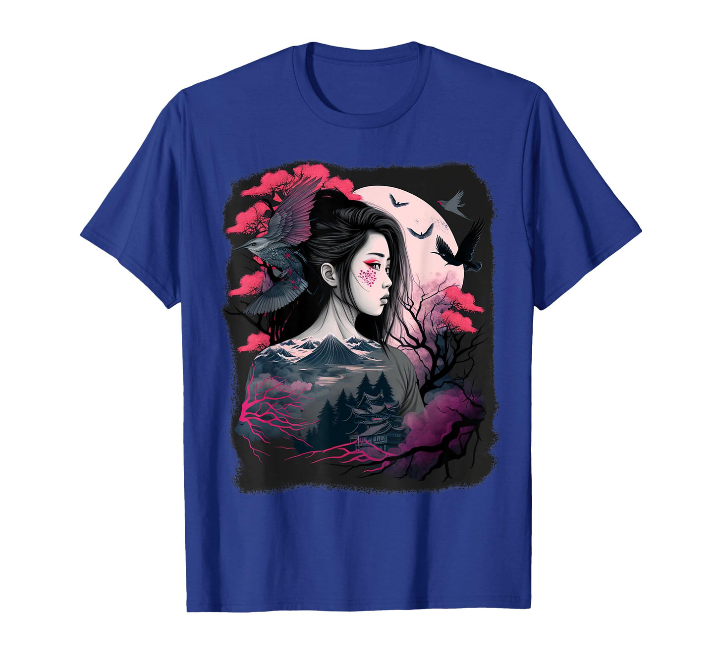 Japanese Samurai Girl Sakura Cherry Blossom Aesthetic Moon T-Shirt