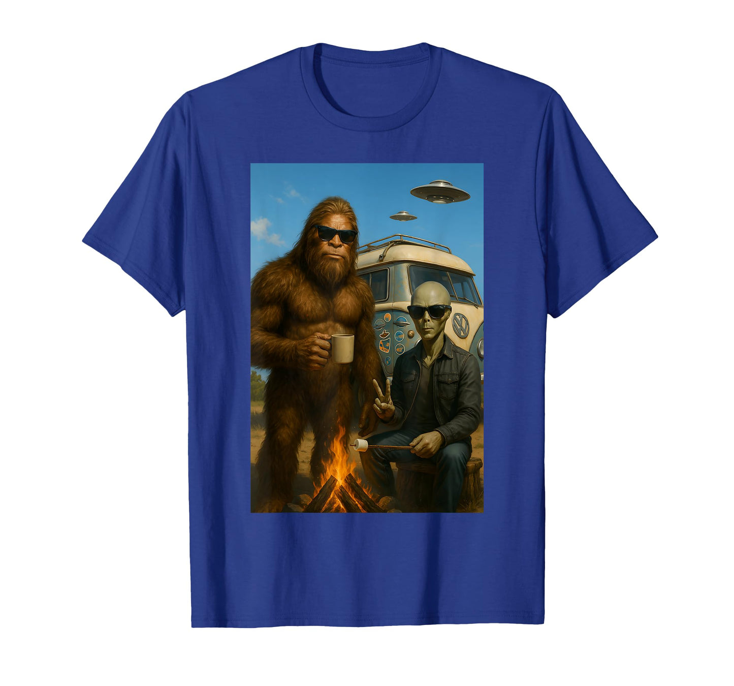 Bigfoot and Alien Camping with UFO T-Shirt