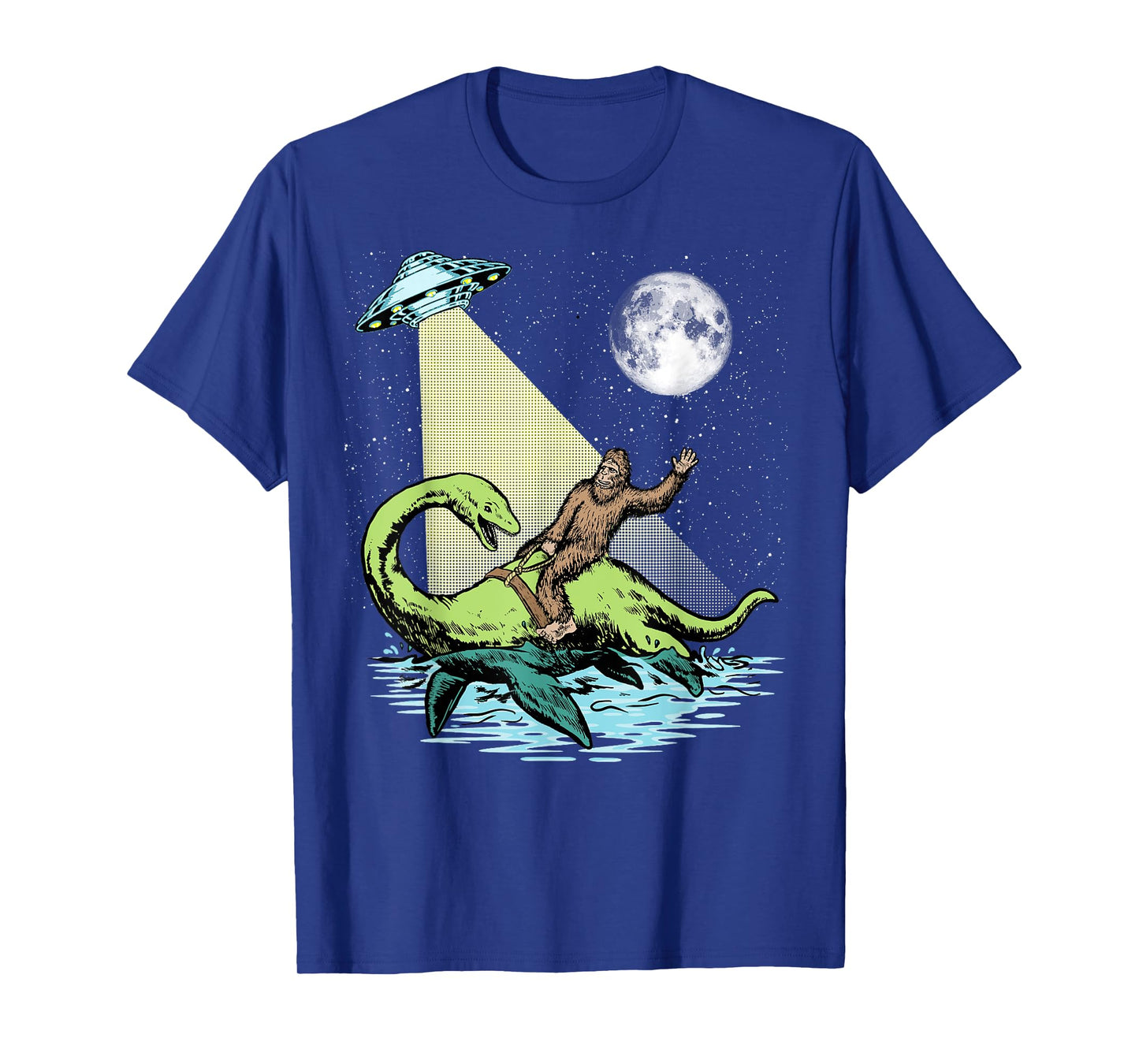 Bigfoot Riding Nessie & UFO Aliens At Night Funny Retro T-Shirt