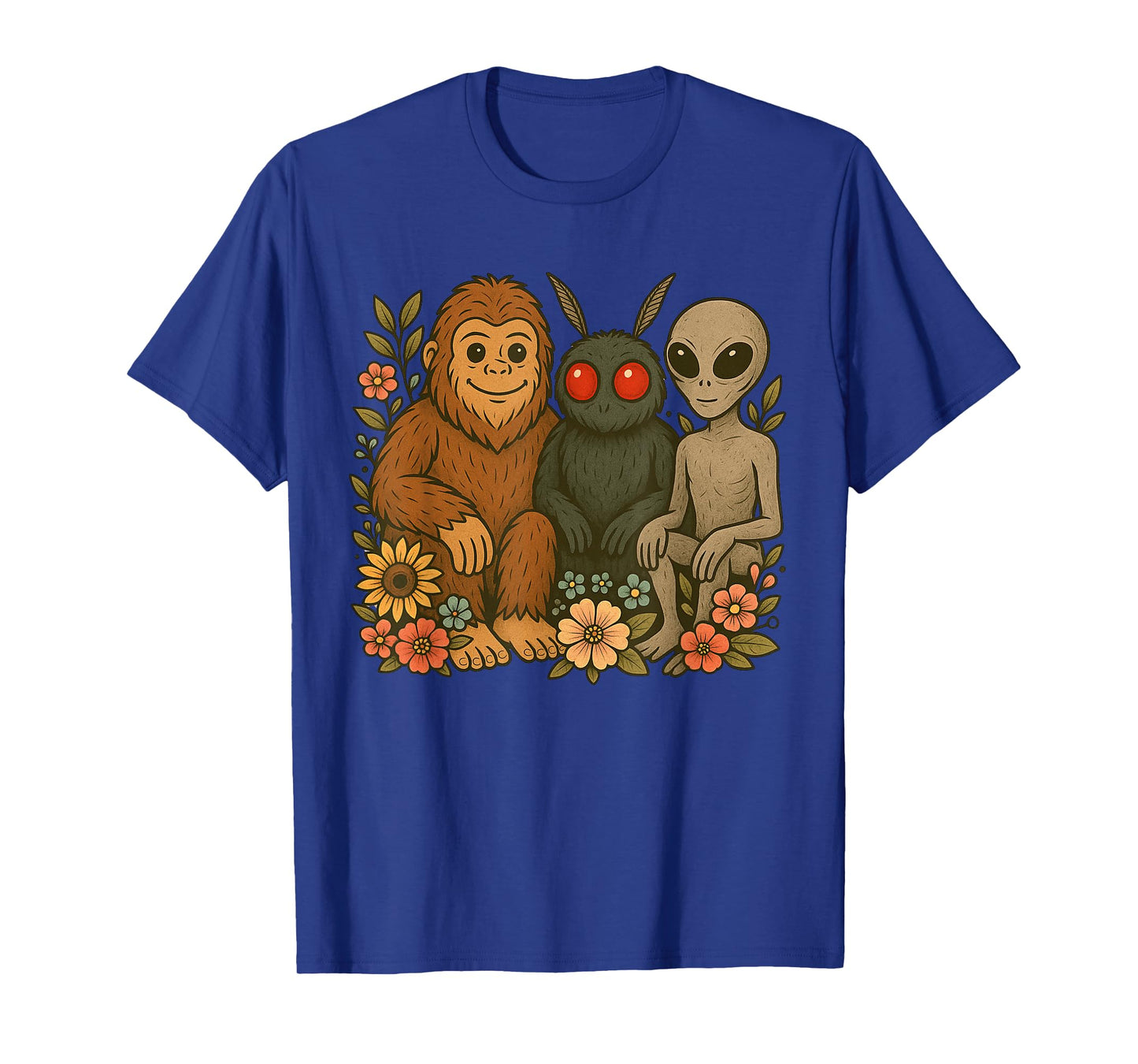 Cute Mothman Alien And Bigfoot Cryptid Friends Floral Art T-Shirt