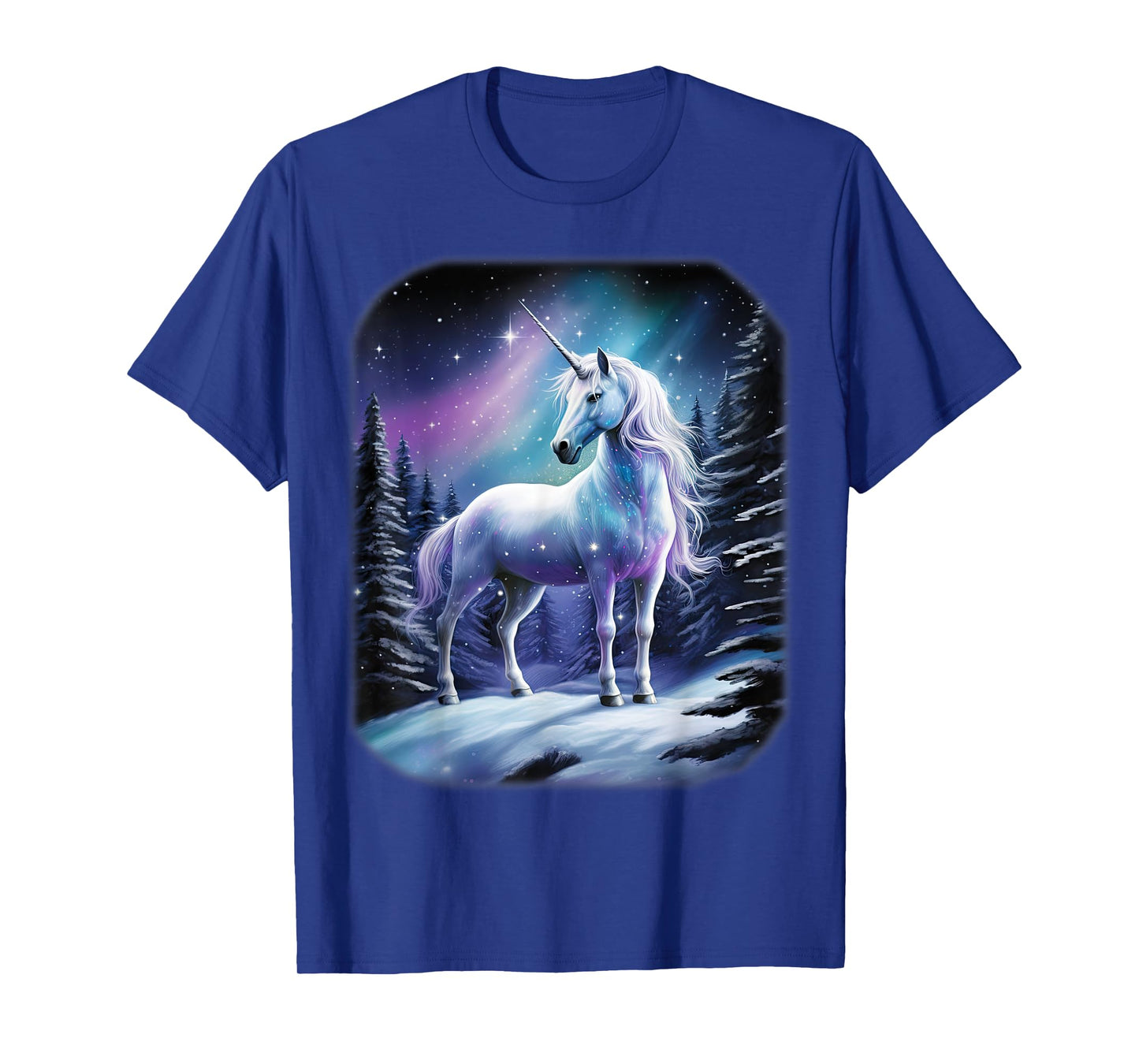Fantasy white Unicorn standing in the snowy forest T-Shirt