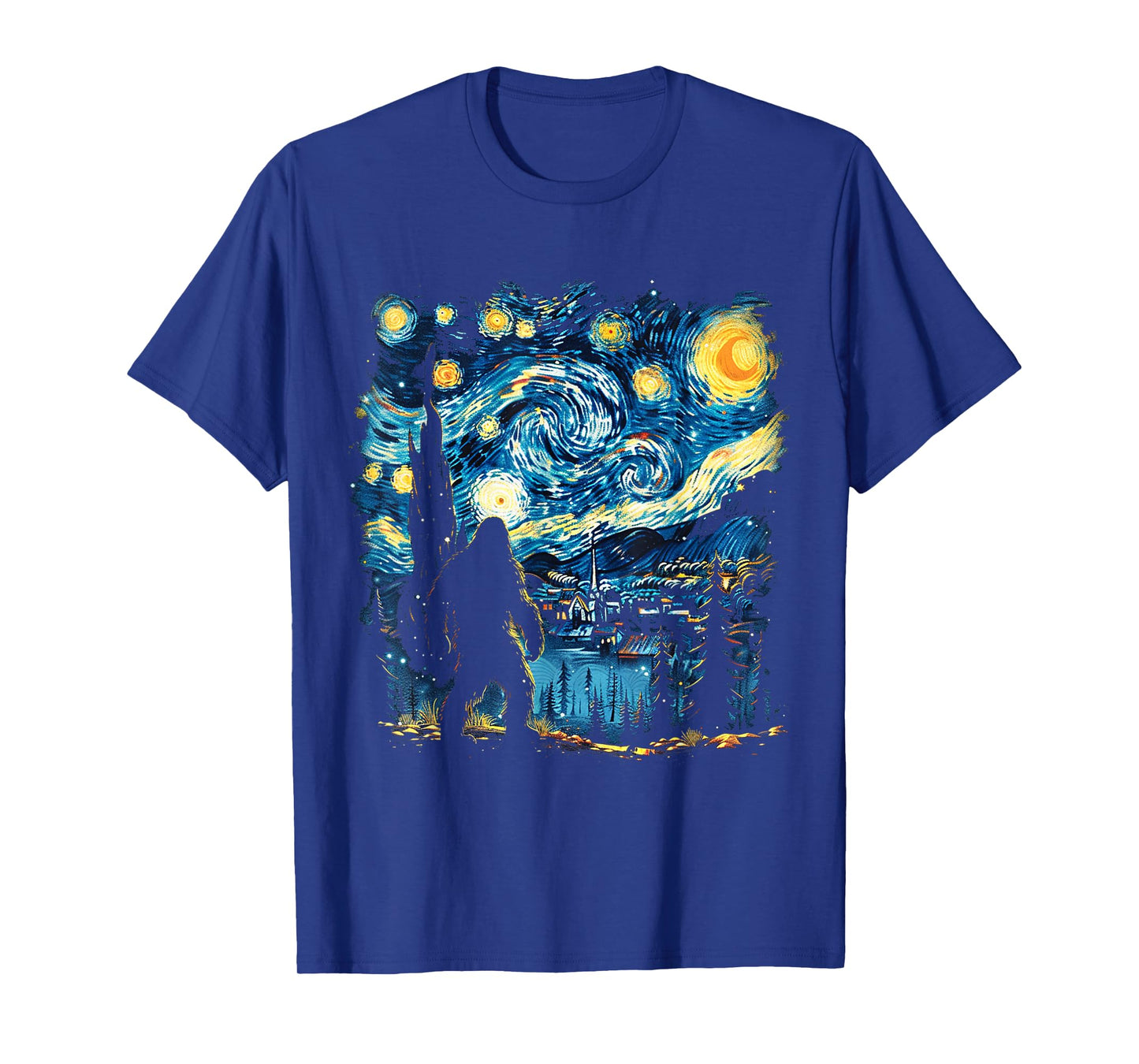 Funny Bigfoot Starry Night Sasquatch Van Gogh Sky Painting T-Shirt