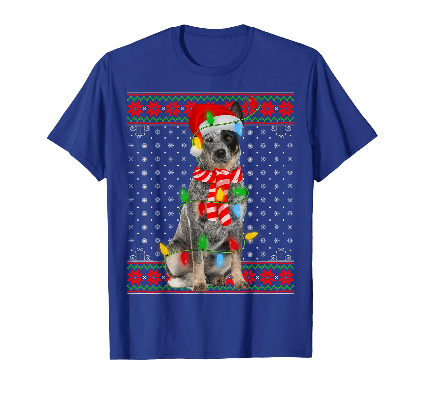 Ugly Xmas Dog Lights Santa Hat Blue Heeler Dog Christmas Men Women Girls Kids T-Shirt