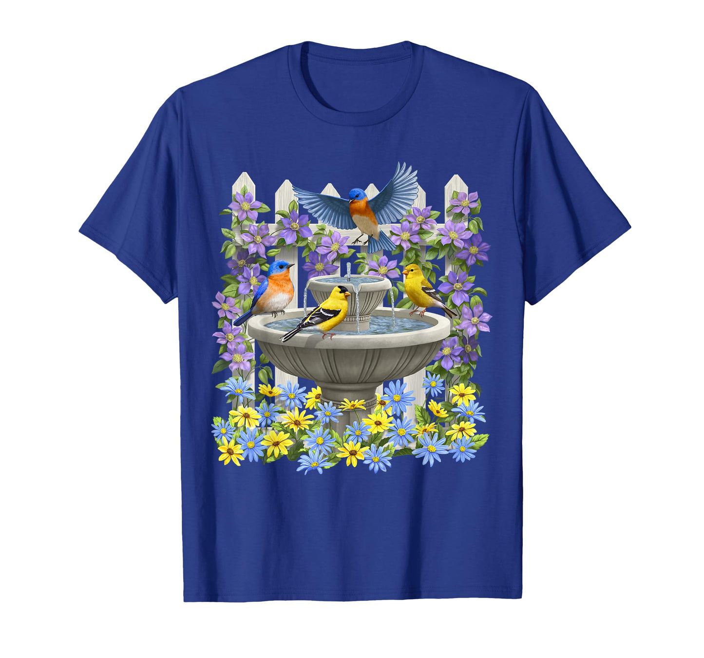 Bluebirds Goldfinches & Bird Bath Flower Garden T-Shirt