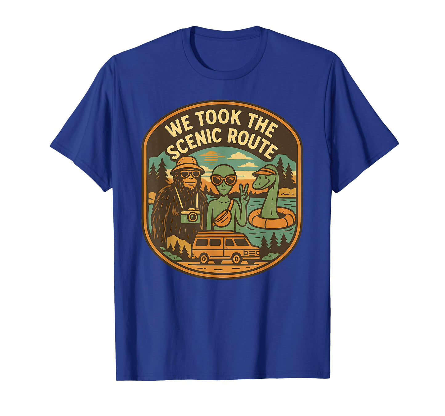 Scenic Route Funny Cryptid Road Trip Bigfoot Alien Nessie T-Shirt
