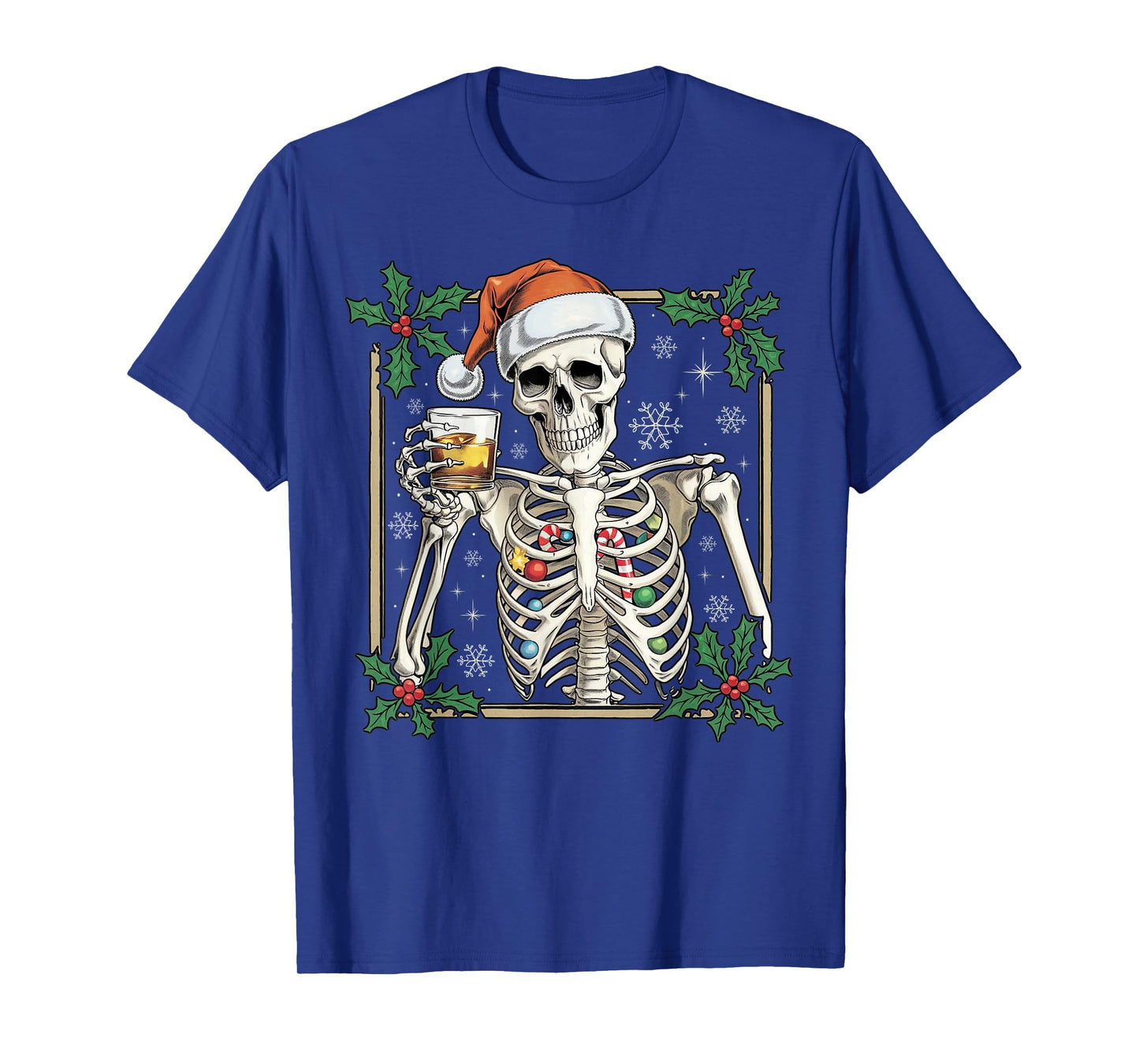 Funny Skeleton Santa Hat Drinking Bourbon Whiskey Christmas T-Shirt