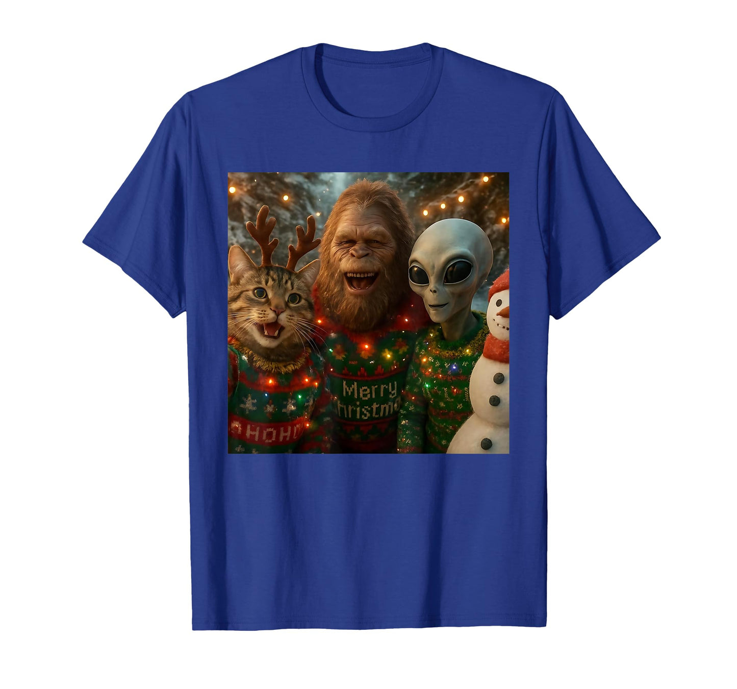 Funny Christmas Cat Selfie with Bigfoot Alien Ugly Sweater T-Shirt
