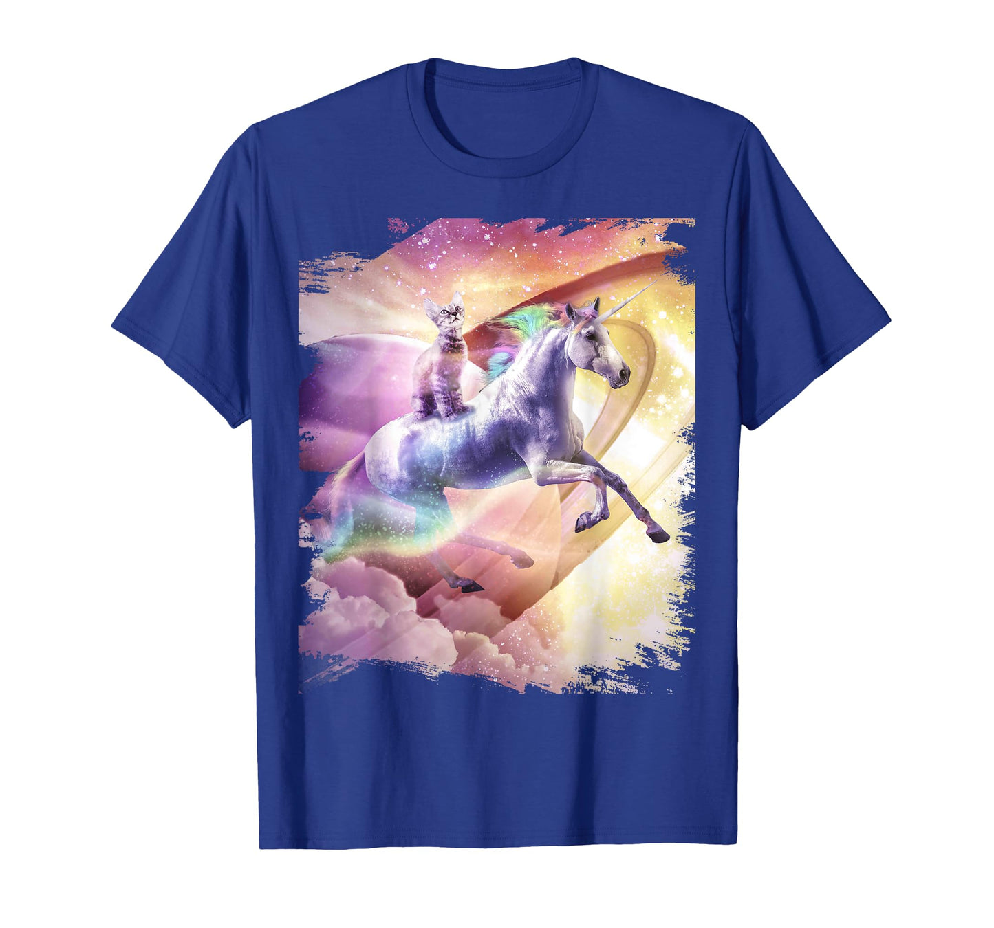 Rainbow Galaxy Cat Riding Unicorn in Space T-Shirt for Men Women Girls Kids