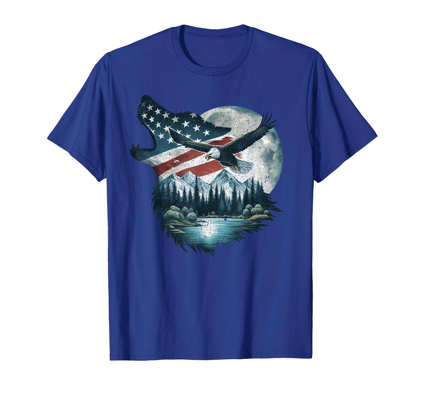 Bald Eagle Wolf US Flag 4th Of July Patriotic Man Woman T-Shirt