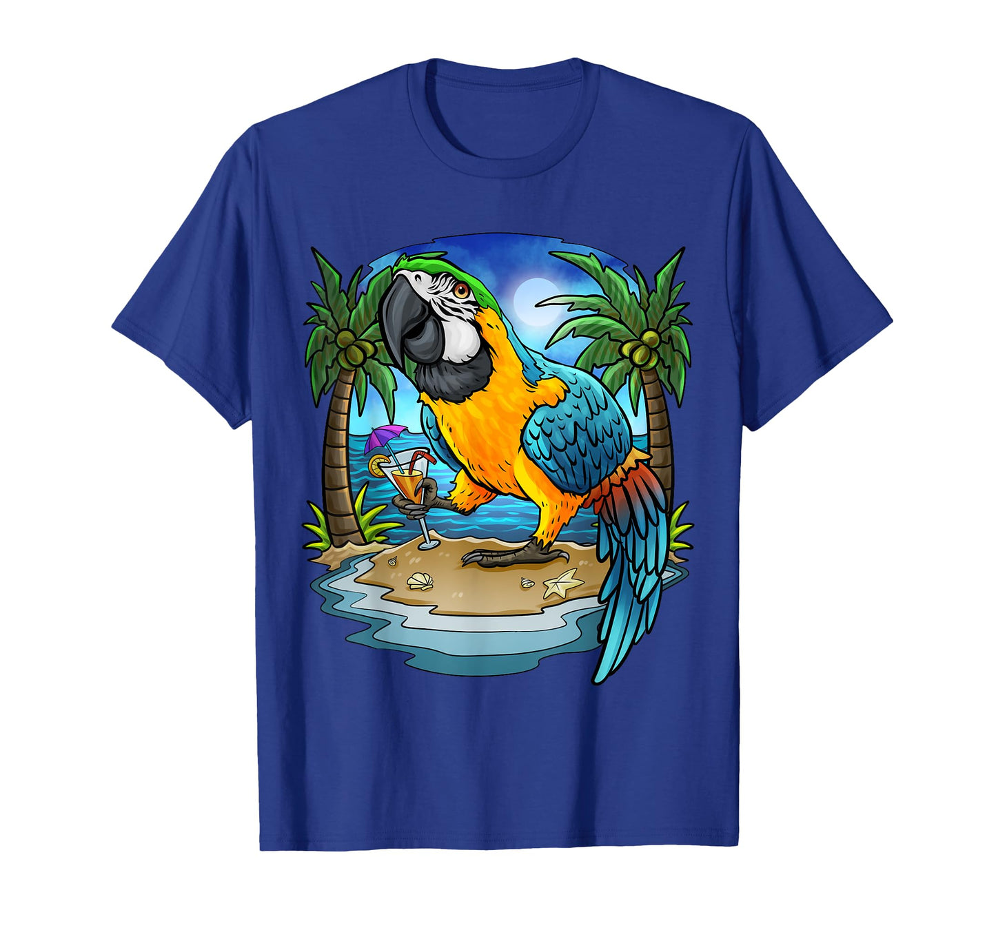 Blue and Gold Macaw Parrot Drinking Margaritas Vacation Bird T-Shirt