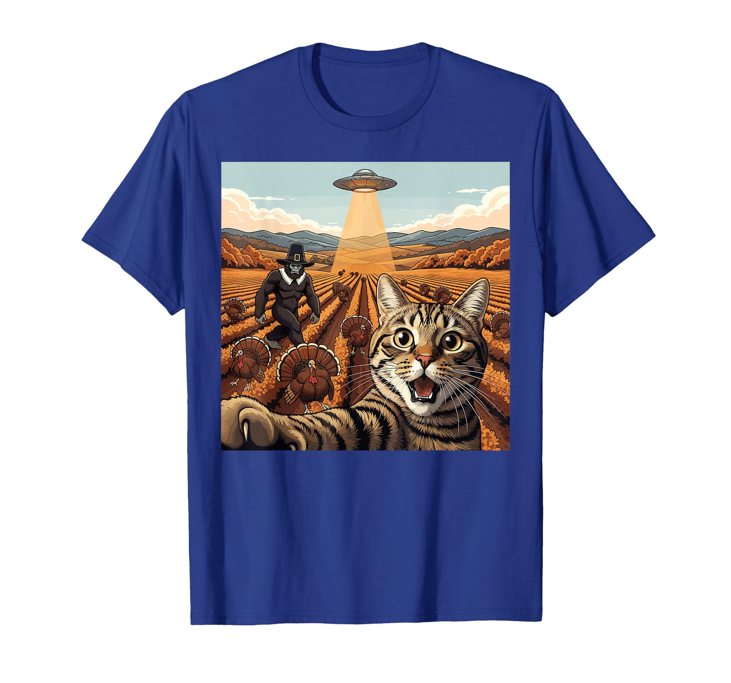 Thanksgiving Turkey Cat Selfie UFO Bigfoot Pilgrim T-Shirt