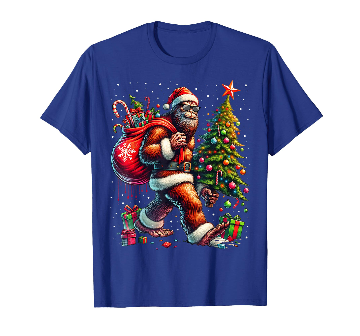 Santa Bigfoot Christmas Tree Xmas Lights Funny Sasquatch T-Shirt