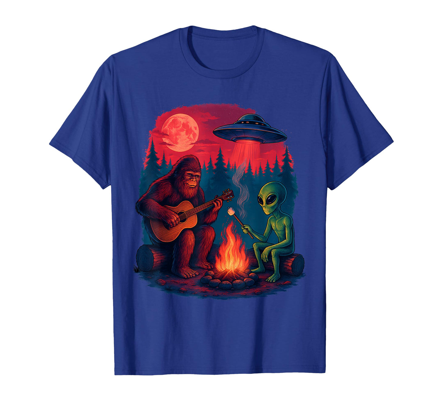 Alien Bigfoot Campfire Moon UFO Sasquatch Adventure Hiking T-Shirt