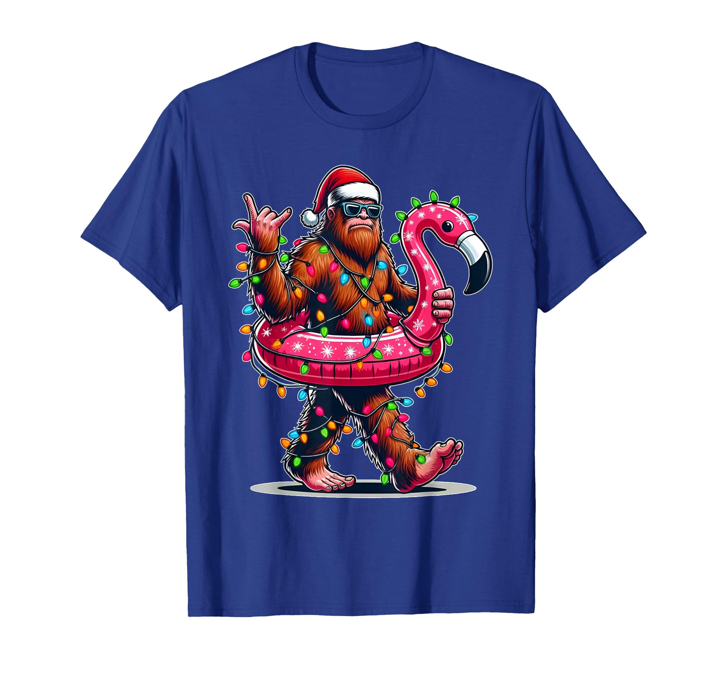 Santa Bigfoot Flamingo Christmas Light Funny Rock Sasquatch T-Shirt