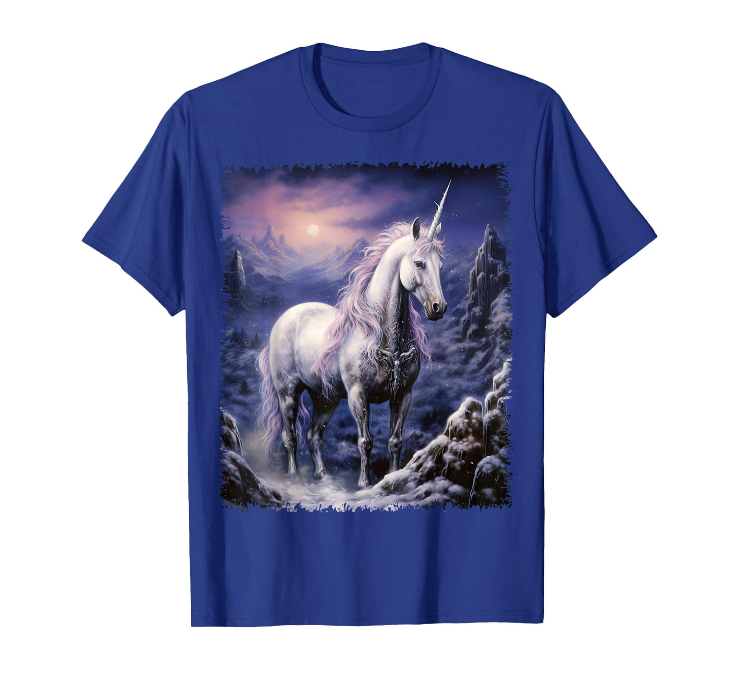 Fantasy white Unicorn standing in the snowy forest T-Shirt