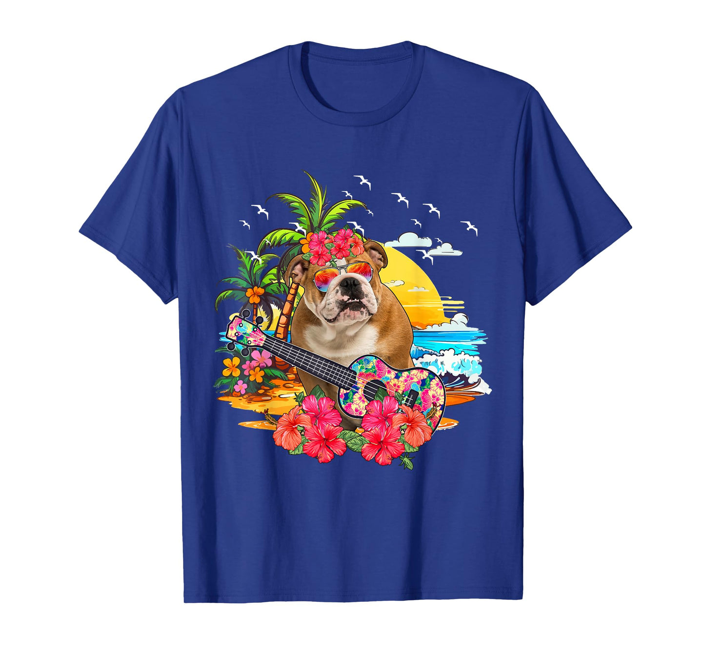 Hawaiian Floral Bulldog Sunglasses Playing Guitar On Beach T-Shirt
