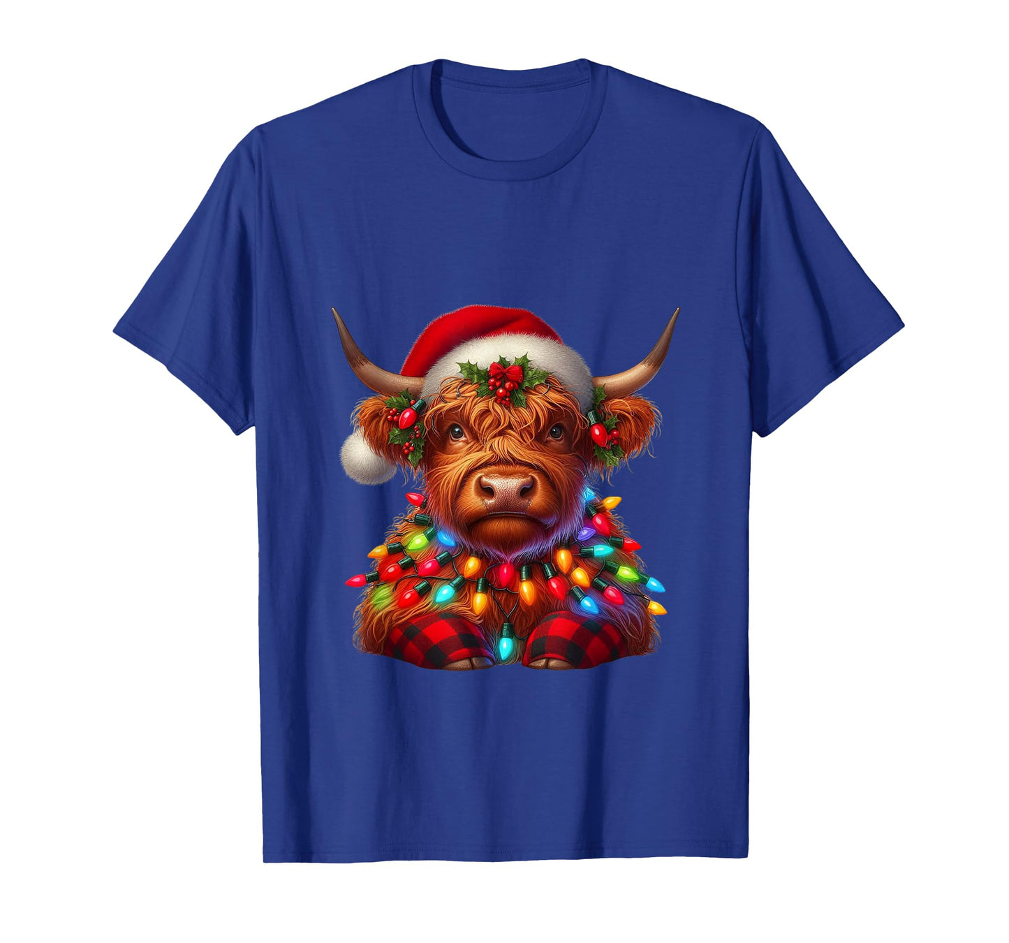 Scottish Highland Cow Christmas Santa Hat Lights Xmas Pajama T-Shirt